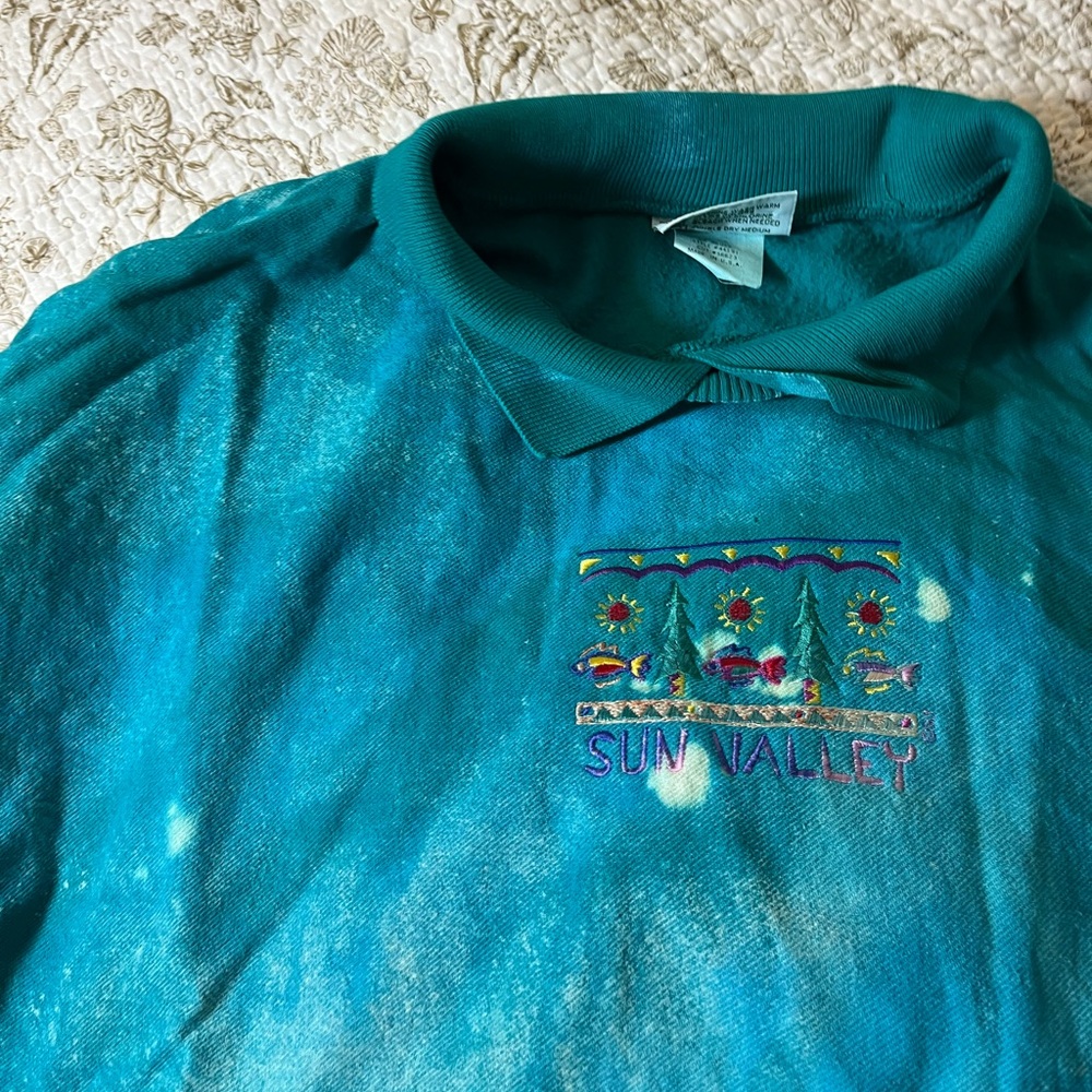 VTG Sun Valley S Teal Bleach Dye Upcycle Casual Grunge Colorful Sweatshirt Loose
